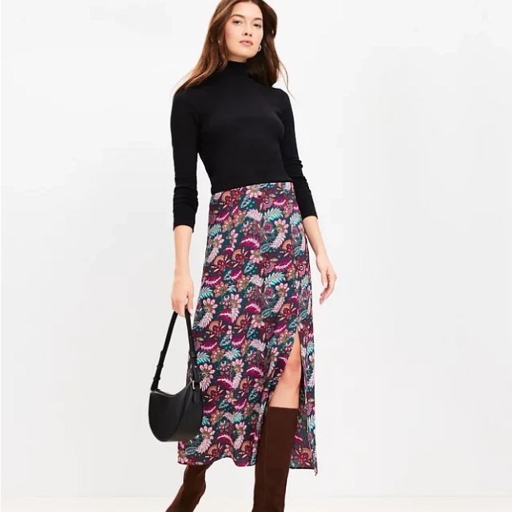 LOFT Paisley Side Slit Midi Skirt